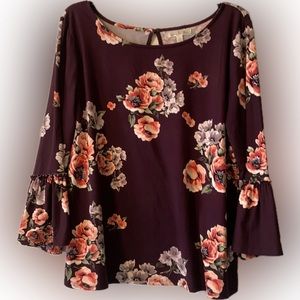 Stitch Fix Nine Britton Peralta Bell Sleeve Knit Top Dark Plum Floral
